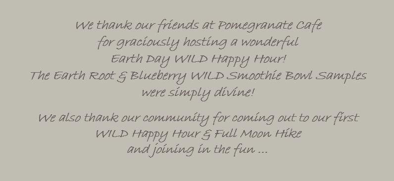  We thank our friends at Pomegranate Cafe for graciously hosting a wonderful Earth Day WILD Happy Hour! The Earth Root & Blueberry WILD Smoothie Bowl Samples were simply divine! We also thank our community for coming out to our first WILD Happy Hour & Full Moon Hike and joining in the fun ...
